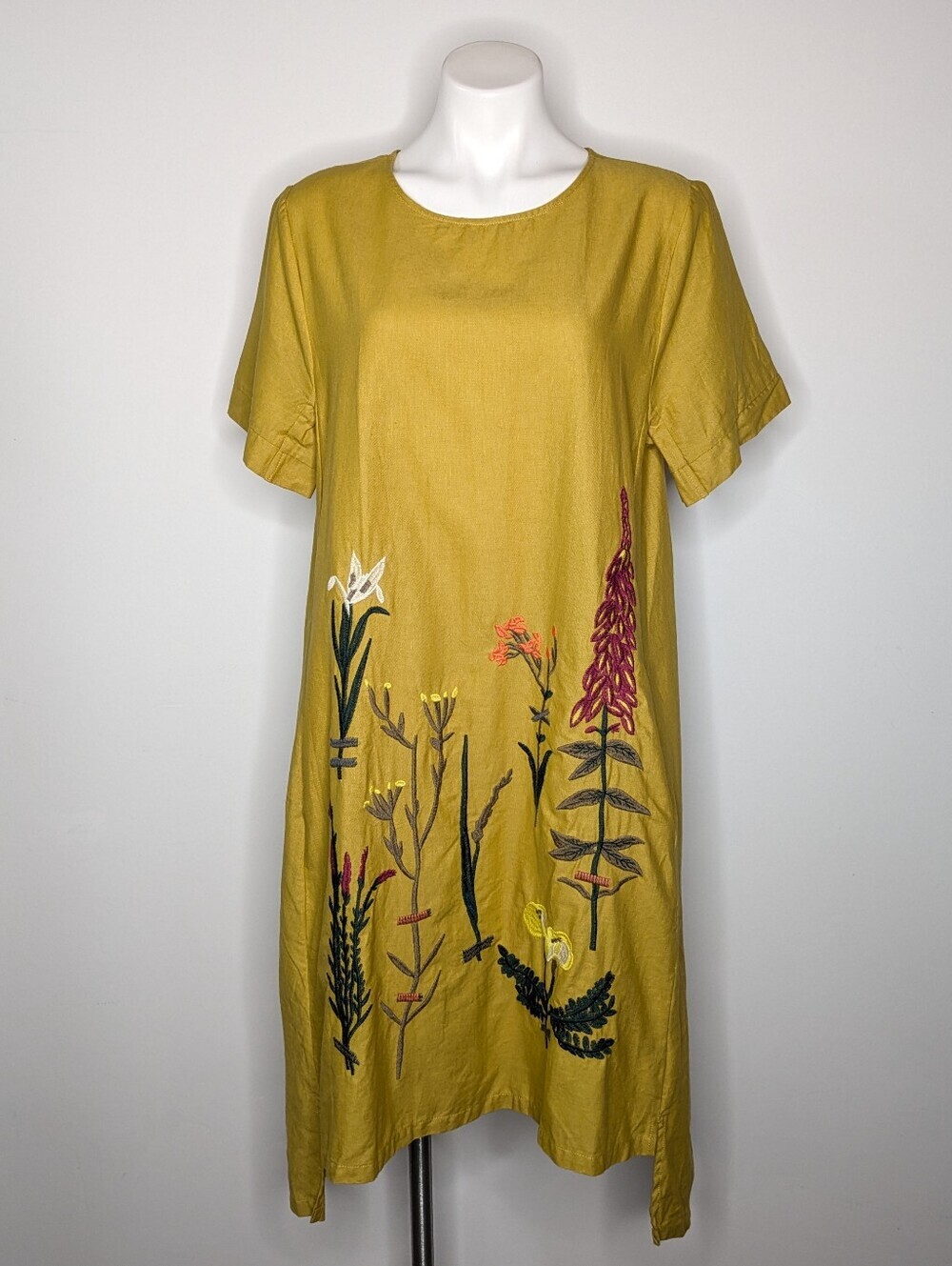 Yellow Floral Embroidered Short Sleeve Linen & Cotton Midi Dress L